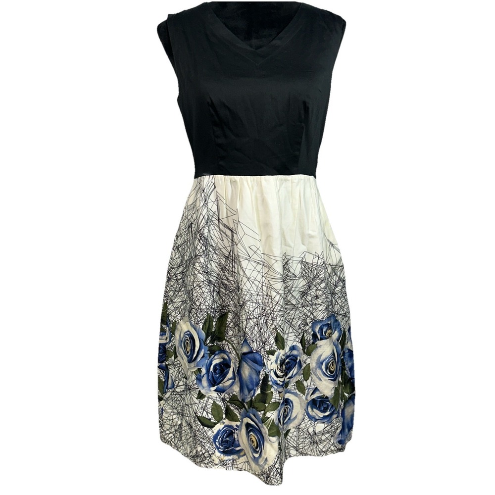 Frock Shop Dress SMALL Black Blue Rose‎  Print Fit & Flare Scribble Lines Cutout